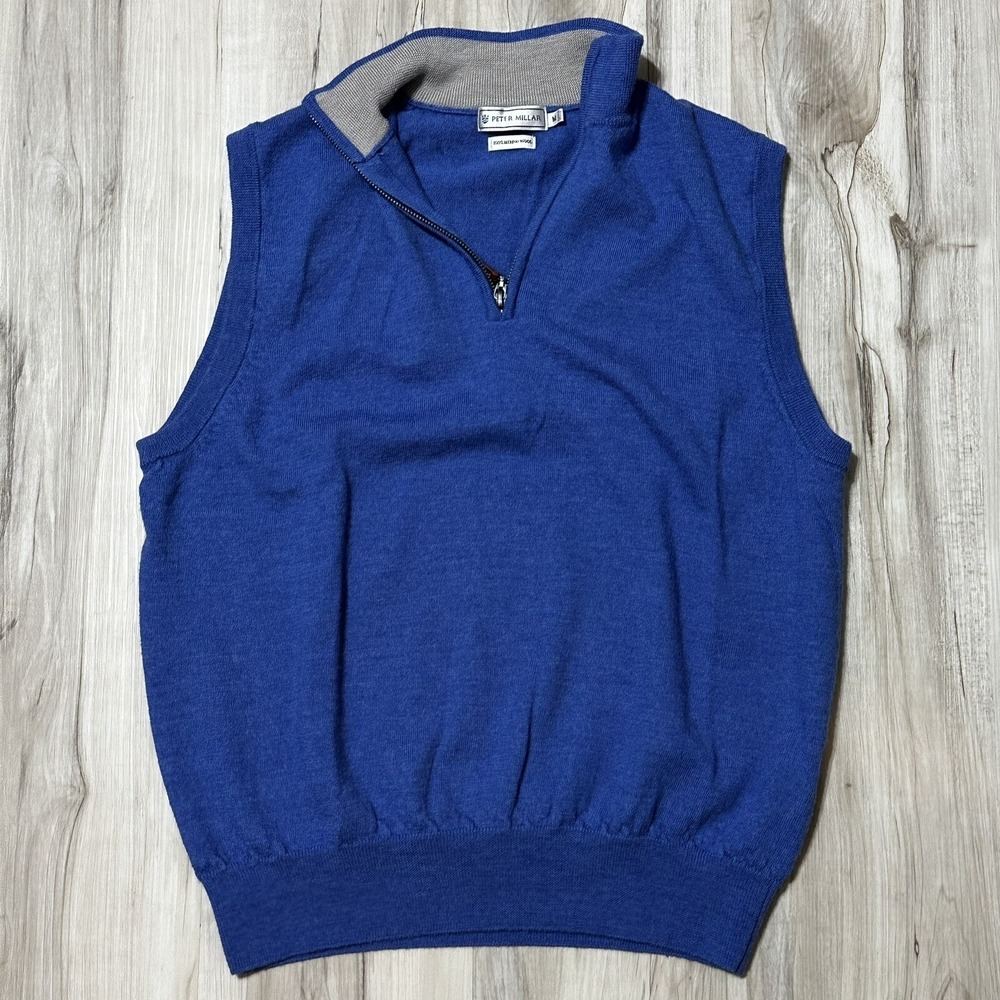 Peter Millar Sweater Vest Men's Medium Blue 100% Merino Wool 1/4 Zip